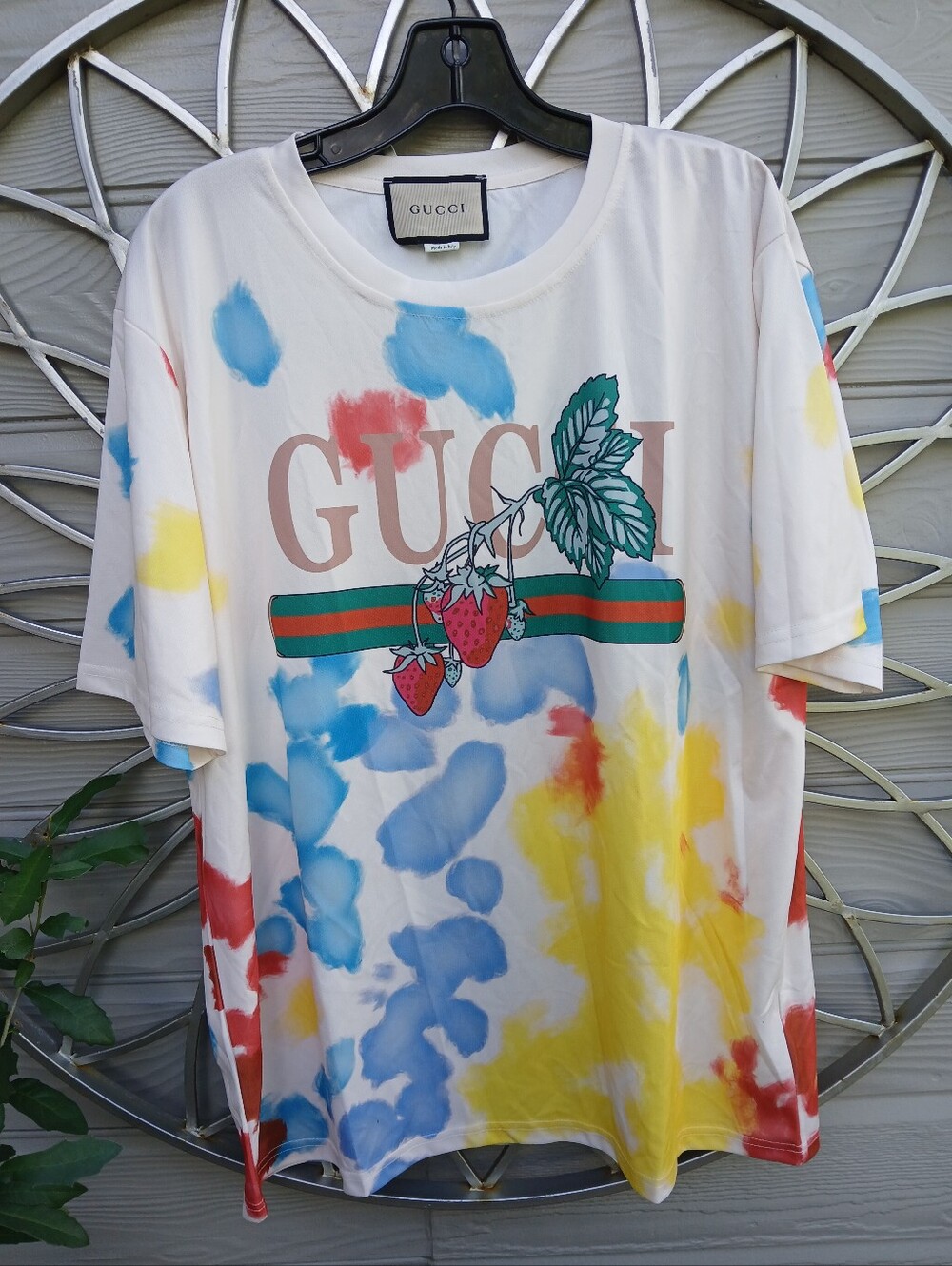 Gucci White Tie-Dye Strawberry Logo Tee - Blue Yellow Red Accents